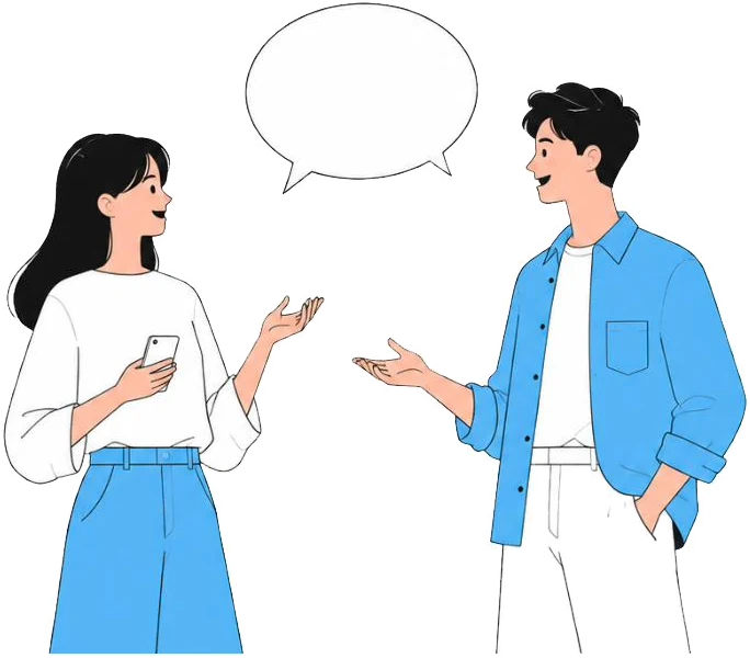 スマホを手に中国語で会話する男女のイラスト