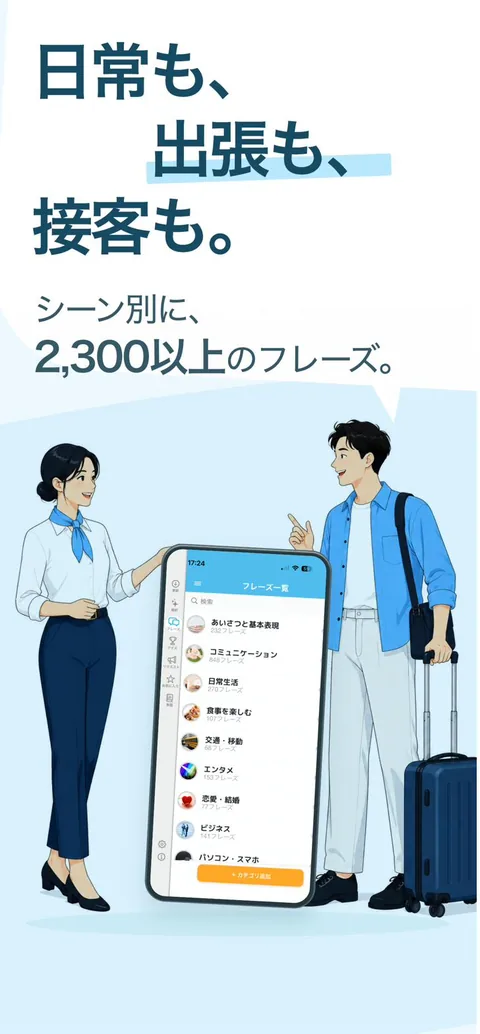 日常も、出張も、接客も。シーン別に2,300以上のフレーズ